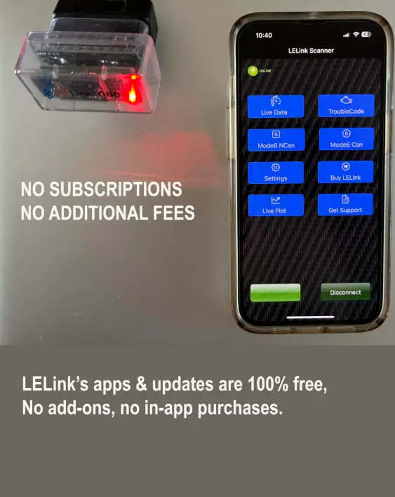 LELink adapter with its red status light glowing next to a phone running the LELink app, with no subscriptions or extra fees